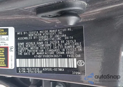 2014 Toyota Camry Le из США, поврежденный, VIN 4T4BF1FK8ER436571